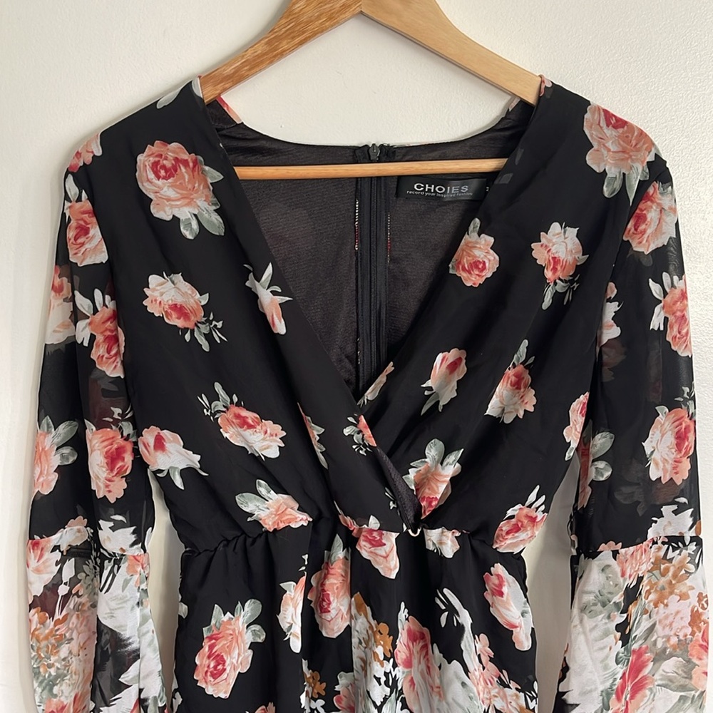 Choies Black Multicolored Floral Chiffon V-Neck Bell Long Sleeve Flowy Romper - Picture 6 of 13
